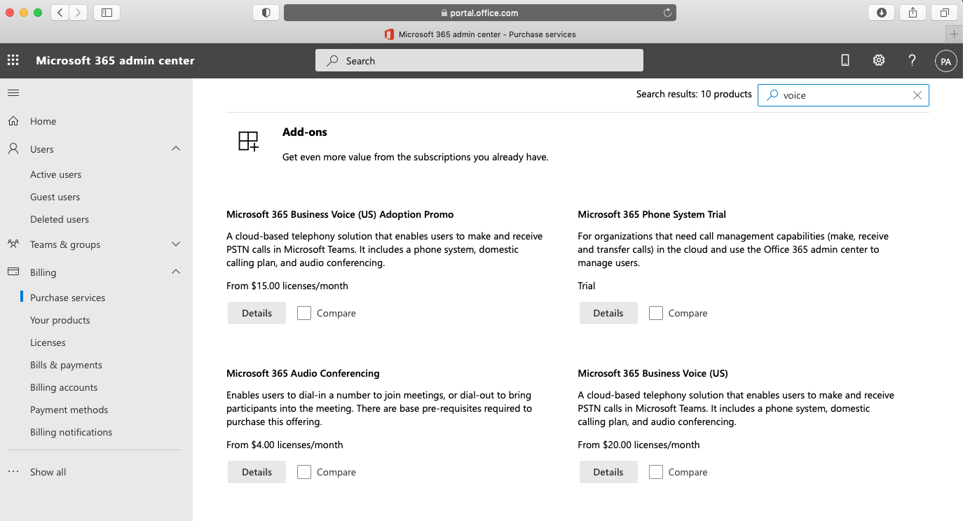Pick either Microsoft 365 Phone System or Microsoft 365 Phone System